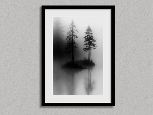 Framed wall art of two lone pines reflected in misty waters. A monochrome forest print evoking solitude and calm. Ready to hang.