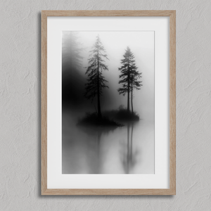 Framed wall art of two lone pines reflected in misty waters. A monochrome forest print evoking solitude and calm. Ready to hang.