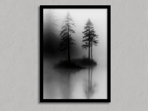 Framed monochrome pine tree reflection print by Atelier Lumin