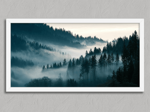 Valley Drift – Misty Forest Wall Art Print in a white frame, no mount