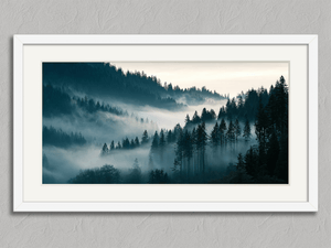 Valley Drift – Misty Forest Wall Art Print in a white frame with a mount