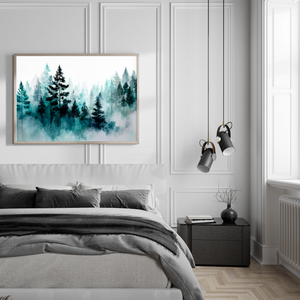 Framed wall art of pines in soft morning mist. A serene abstract forest print in muted blue-green tones. Ready to hang.
