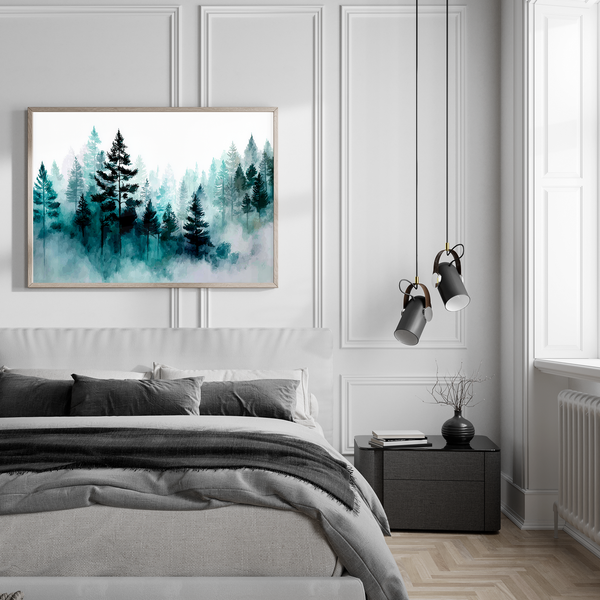 Framed wall art of pines in soft morning mist. A serene abstract forest print in muted blue-green tones. Ready to hang.