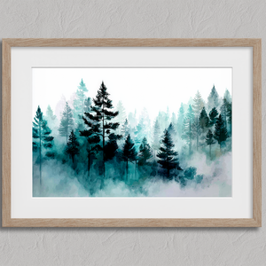 Framed wall art of pines in soft morning mist. A serene abstract forest print in muted blue-green tones. Ready to hang.