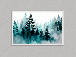 Veil of Pines – Misty Forest Wall Art Print, unframed print with a white border