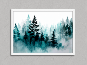 Veil of Pines – Misty Forest Wall Art Print in a white frame, no mount