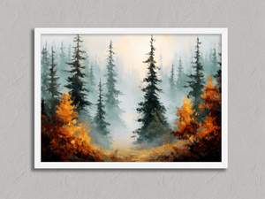 Where the Pines Breathe – Autumn Forest Wall Art Print in a white frame, no mount