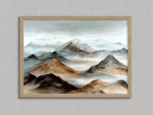 Framed wall art of watercolour mountain print in soft blues and greys. A quiet, misty landscape for calm interiors.