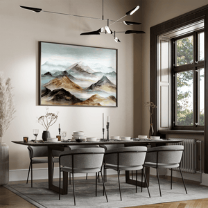 Watercolour mountain wall art styled in a calm neutral interior