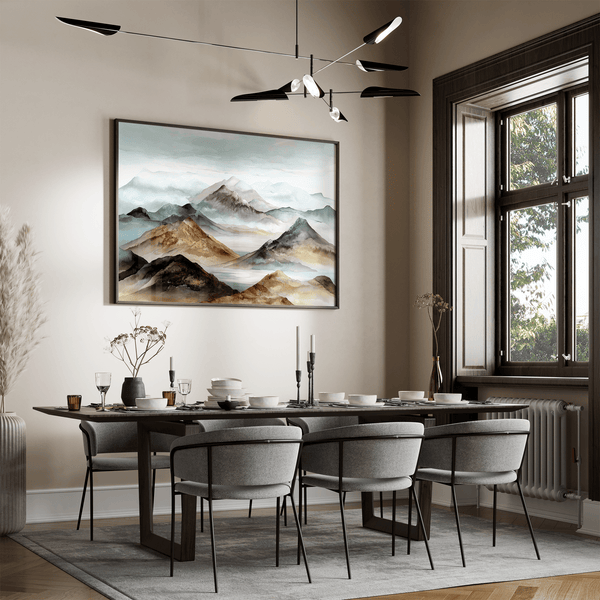 Framed wall art of watercolour mountain print in soft blues and greys. A quiet, misty landscape for calm interiors.