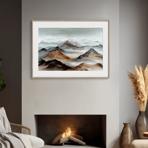 Framed wall art of watercolour mountain print in soft blues and greys. A quiet, misty landscape for calm interiors.