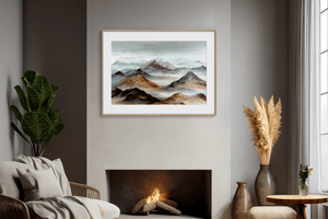 Watercolour mountain wall art styled in a calm neutral interior