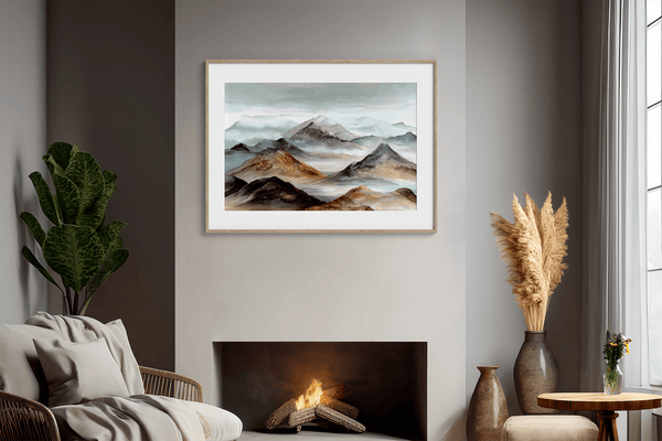 Framed wall art of watercolour mountain print in soft blues and greys. A quiet, misty landscape for calm interiors.