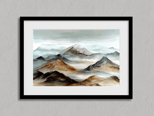 Framed wall art of watercolour mountain print in soft blues and greys. A quiet, misty landscape for calm interiors.