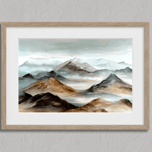 Framed wall art of watercolour mountain print in soft blues and greys. A quiet, misty landscape for calm interiors.
