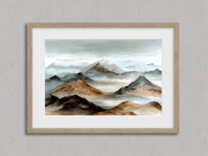 Framed watercolour mountain wall art print with misty blue grey ridges