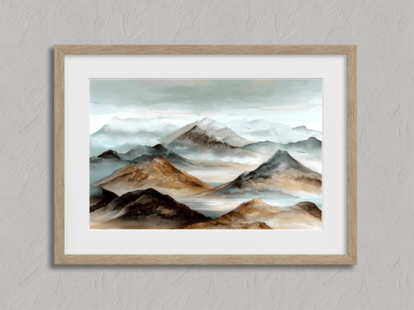 Framed wall art of watercolour mountain print in soft blues and greys. A quiet, misty landscape for calm interiors.