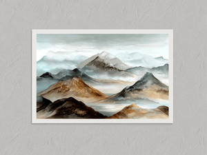Whispering Peaks – Watercolour Mountain Wall Art, unframed print with a white border