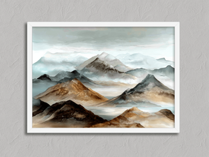 Whispering Peaks – Watercolour Mountain Wall Art in a white frame, no mount