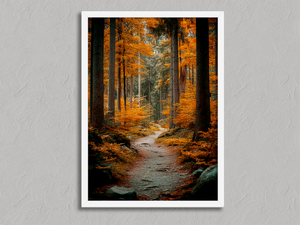 Whispering Pines – Autumn Woodland Forest Wall Art in a white frame, no mount