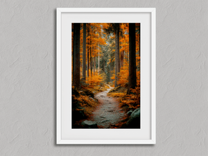 Whispering Pines – Autumn Woodland Forest Wall Art in a white frame with a mount