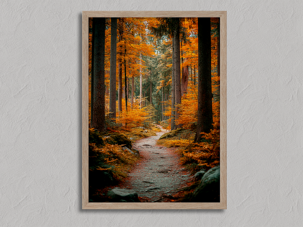 Framed wall art of an autumn woodland path with tall pines and golden leaves. A tranquil seasonal forest print. Ready to hang.