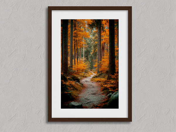 Framed wall art of an autumn woodland path with tall pines and golden leaves. A tranquil seasonal forest print. Ready to hang.