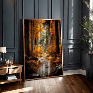 Autumn woodland forest wall art styled in a calm neutral interior