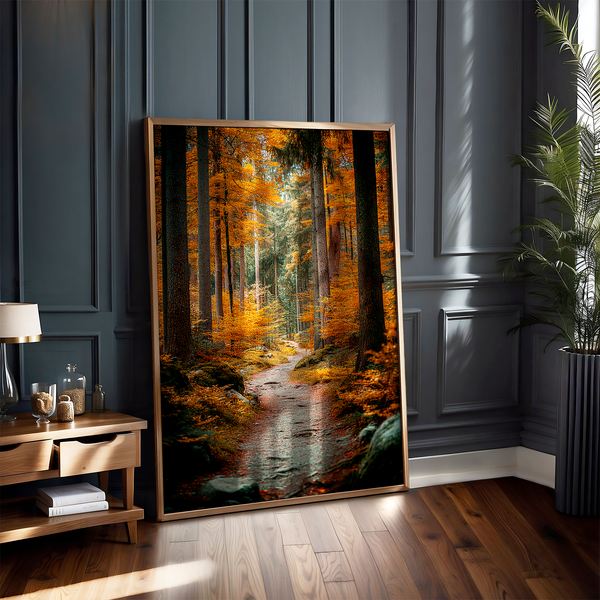 Framed wall art of an autumn woodland path with tall pines and golden leaves. A tranquil seasonal forest print. Ready to hang.