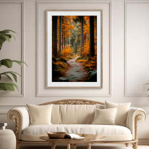 Framed wall art of an autumn woodland path with tall pines and golden leaves. A tranquil seasonal forest print. Ready to hang.