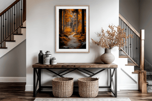 Autumn woodland forest wall art styled in a calm neutral interior