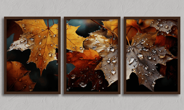 Bring autumn indoors with Whispers of Autumn, a vibrant triptych wall art print of richly coloured fall leaves with dewdrop detail.