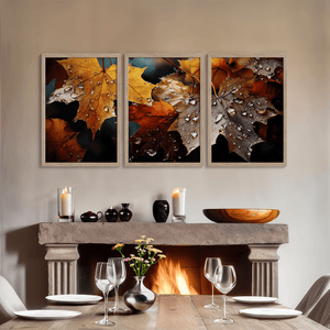 Bring autumn indoors with Whispers of Autumn, a vibrant triptych wall art print of richly coloured fall leaves with dewdrop detail.
