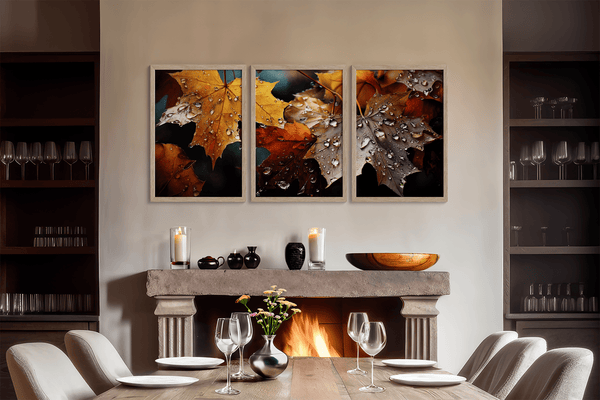Bring autumn indoors with Whispers of Autumn, a vibrant triptych wall art print of richly coloured fall leaves with dewdrop detail.