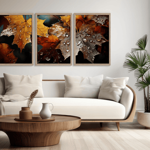 Bring autumn indoors with Whispers of Autumn, a vibrant triptych wall art print of richly coloured fall leaves with dewdrop detail.