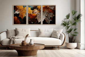 Autumn triptych wall art styled in a calm neutral interior