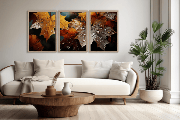 Bring autumn indoors with Whispers of Autumn, a vibrant triptych wall art print of richly coloured fall leaves with dewdrop detail.