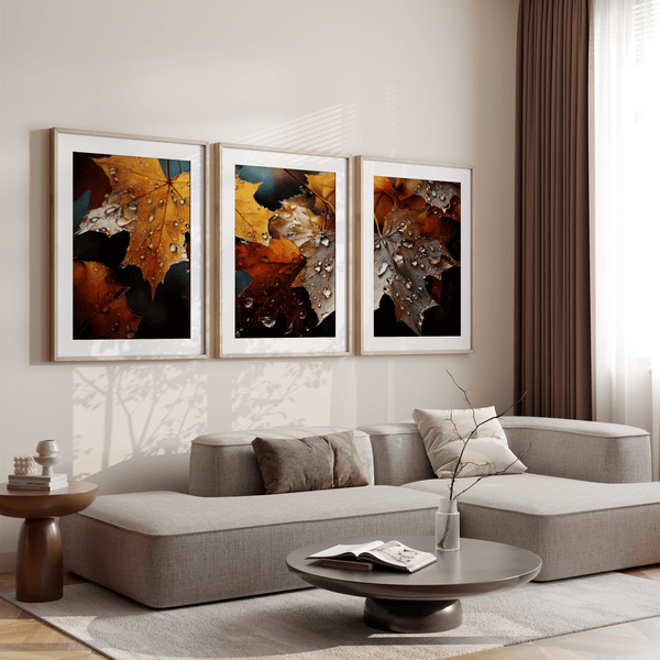Bring autumn indoors with Whispers of Autumn, a vibrant triptych wall art print of richly coloured fall leaves with dewdrop detail.