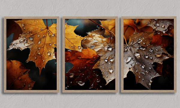 Bring autumn indoors with Whispers of Autumn, a vibrant triptych wall art print of richly coloured fall leaves with dewdrop detail.