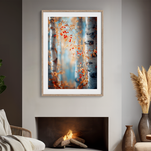 Framed wall art of birch trees in soft autumn light. Crimson and amber leaves drift in golden calm. A tranquil seasonal print.