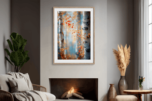 Birch forest wall art styled in a calm neutral interior