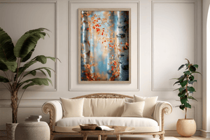 Birch forest wall art styled in a calm neutral interior