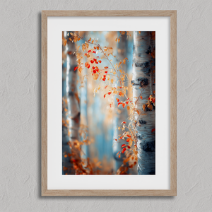 Framed wall art of birch trees in soft autumn light. Crimson and amber leaves drift in golden calm. A tranquil seasonal print.
