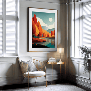 Stylised autumn lake wall art styled in a calm neutral interior