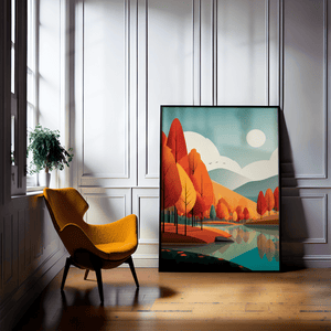 Stylised autumn lake wall art styled in a calm neutral interior