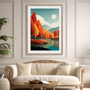 Framed wall art of misty pine trees with glowing amber foliage. A moody autumn woodland print, introspective and calm. Ready to hang.