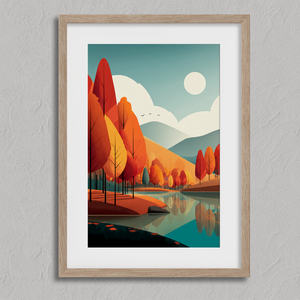 Framed wall art of misty pine trees with glowing amber foliage. A moody autumn woodland print, introspective and calm. Ready to hang.