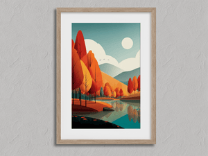 Framed stylised autumn lake wall art print with red and orange trees