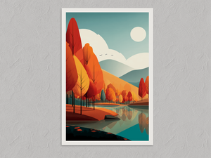 Whispers Through the Pines – Stylised Autumn Lake Wall Art Print, unframed print with a white border