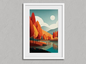 Whispers Through the Pines – Stylised Autumn Lake Wall Art Print in a white frame with a mount